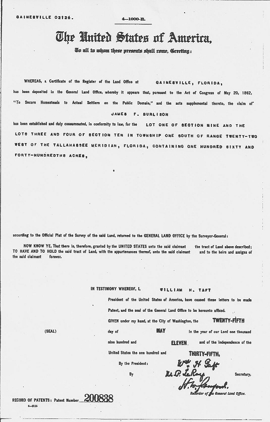 James F. Burlison Homestead Certificate